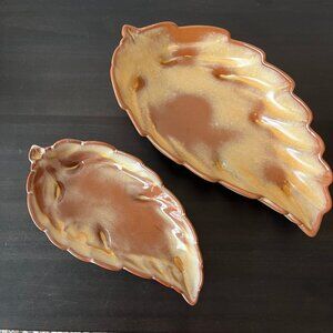 Frankoma Leaf Shaped Dishes Set of 2 // Desert Gold Glaze // 12" and 9" Long